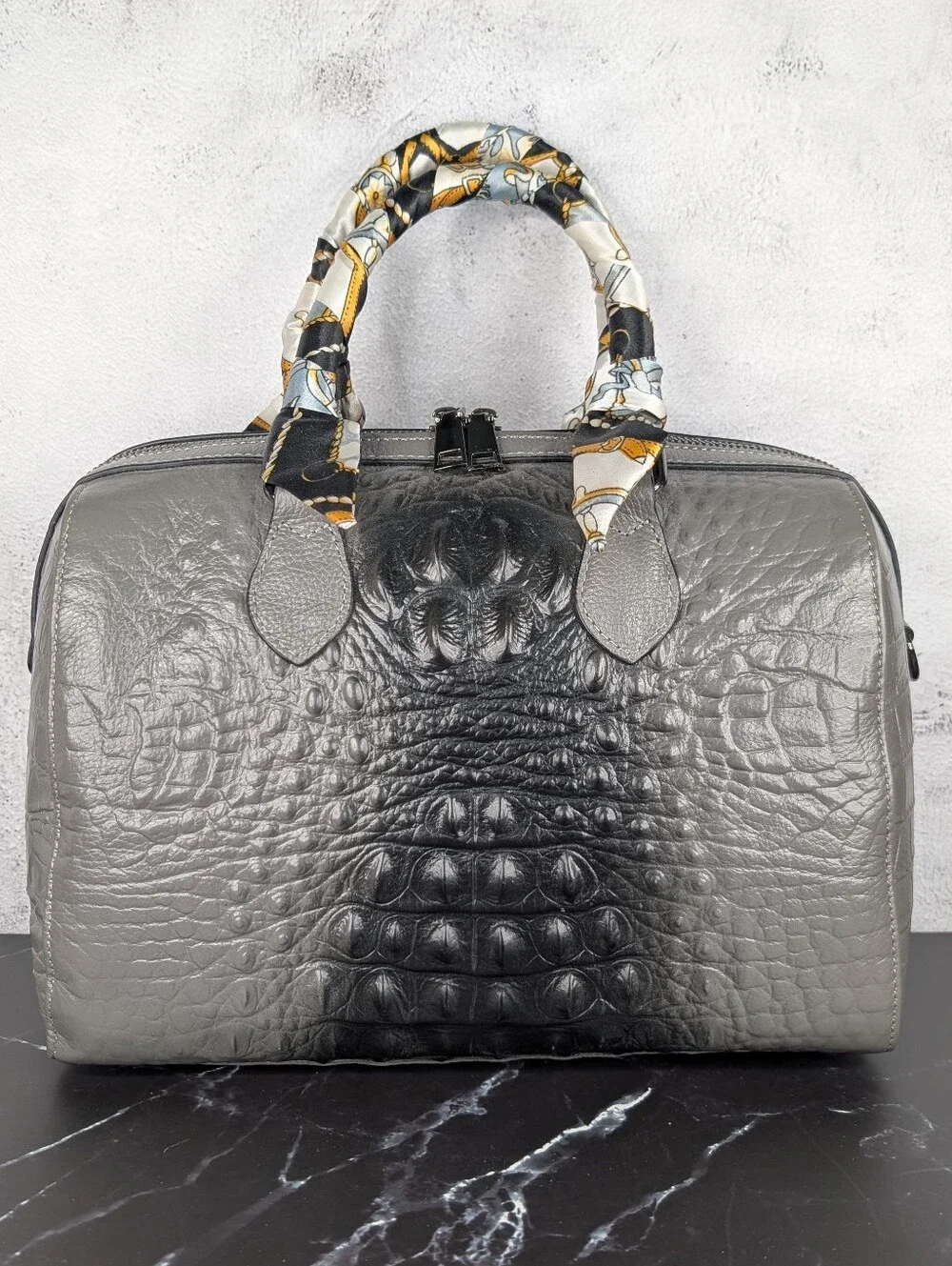 Gray Croc-Embossed Leather Satchel Bag with Scarf-Wrapped Handles NWOT